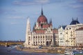 View of Hungarian Parliament Building, Budapest Parliament exterior, also called Orszaghaz, with Donau river and city panorama