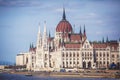 View of Hungarian Parliament Building, Budapest Parliament exterior, also called Orszaghaz, with Donau river and city panorama