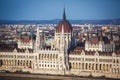 View of Hungarian Parliament Building, Budapest Parliament exterior, also called Orszaghaz, with Donau river and city panorama