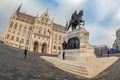 View of Hungarian Parliament building and statue of Count Gyula Andrassy