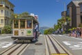 Hyde Street cable car and Alcatraz in backgound, San Francisco Royalty Free Stock Photo