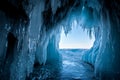 View from the ice cave on Lake Baikal. Royalty Free Stock Photo