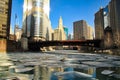 View of ice chunks floating on a frozen Chicago River in January