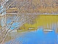 View of the ice drifting in the river, coast with trees in spring