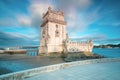 View of the iconic Belem Tower (Torre de Belem) in the bank of the Tagus River, in the city of Lisbon, Portugal. Unesco Royalty Free Stock Photo