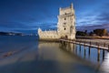 View of the iconic Belem Tower (Torre de Belem) in the bank of the Tagus River, in the city of Lisbon, Portugal. Unesco Royalty Free Stock Photo