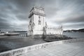 View of the iconic Belem Tower (Torre de Belem) in the bank of the Tagus River, in the city of Lisbon, Portugal. Unesco Royalty Free Stock Photo