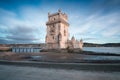 View of the iconic Belem Tower (Torre de Belem) in the bank of the Tagus River, in the city of Lisbon, Portugal. Unesco Royalty Free Stock Photo