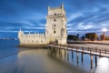 View of the iconic Belem Tower (Torre de Belem) in the bank of the Tagus River, in the city of Lisbon, Portugal. Unesco Royalty Free Stock Photo