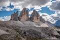 View of the iconic Drei Zinnen mountains in the South Tirolese Dolomite alps