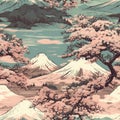 View Of The Iconic Mount Fuji In Japan With Cherry Blossoms In The Foreground. Infinite, Seamless Backgrounds. Generative AI