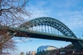 View of the iconic Tyne bridge with Gateshead Sage below it at Newcastle Quayside Royalty Free Stock Photo