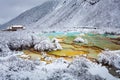 View of icy Colored Lake and Tibetan Temple Royalty Free Stock Photo