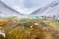 View of icy Colored Lake with Tibetan Temple in winter Royalty Free Stock Photo