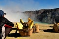 View of the Ijen caldera and of a miner close the sulfur boulders