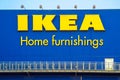 View of IKEA sign on a wall against a clear sky background