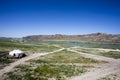 View at the Ile river and Tamgaly Tas mountains in Kazakhstan - Central Asia.