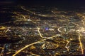 View of illuminated night Moscow from the airplane in Russia