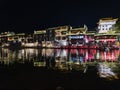 View of illuminated at night riverside houses in ancient town of Fenghuang known as Phoenix Royalty Free Stock Photo