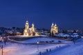 View on Ilyinskaya, the Assumption and Trinity churches from the Cathedral mountains in the winter twilight. Serpukhov, Moscow reg