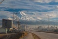 View of the impresive mount Ararat fully covered in snow, from the main avenue of the city of Dogubayazit, Turkey Royalty Free Stock Photo