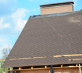 A view on an incomplete roof with asphalt shingles installation on the waterproof underlayment. Asphalt shingle tiles at the ridge