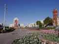 View of the Independence Square and the Catholic Church of St. Simeon and St. Helena. Minsk, Belarus.