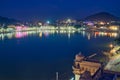 View of indian pilgrimage sacred city Pushkar with Pushkar ghats. Rajasthan, India. Horizontal pan Royalty Free Stock Photo