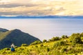 Indigenous woman on isla de Sol by lake Titicaca in Bolivia Royalty Free Stock Photo