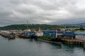 View of the industrial port and ferry harbor of Larne on the coast of Norther Ireland