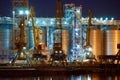 View of the industrial port at night - ships waiting for loading and unloading, cargo transportation by sea Royalty Free Stock Photo