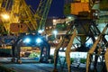 View of the industrial port at night - ships waiting for loading and unloading, cargo transportation by sea Royalty Free Stock Photo