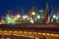View of the industrial port at night - ships waiting for loading and unloading, cargo transportation by sea Royalty Free Stock Photo