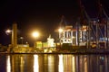 View of the industrial port at night - ships waiting for loading and unloading, cargo transportation by sea