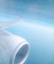 View from inside airplane windows aircraft engines and wings in sky Royalty Free Stock Photo