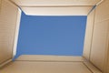 View from inside a cardboard box. Blue sky outside. Royalty Free Stock Photo
