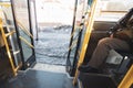 view from inside a city public transport bus at sunset Royalty Free Stock Photo