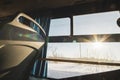 view from inside a city public transport bus at sunset Royalty Free Stock Photo