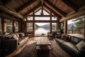 View from inside a cozy cottage on the quiet shore of a mountain lake.