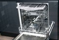 View of the inside of the dishwasher with empty nets for kitchen utensils, against the background of a dark kitchen