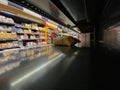View from inside the empty shelves of food products in French supermarket during