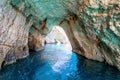 View from inside the famous blue caves on Zakynthos island