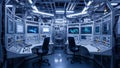 Futuristic Control Room with Multiple Monitors and Consoles Royalty Free Stock Photo