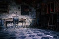 View inside a gloomy abandoned house with a typewriter in a workplace room