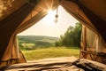 View from inside of hikers tourist tent in mountains. Generative AI