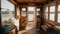 A view of the inside of a houseboat. AI generative image. Tiny house, houseboat interior.