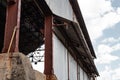 View inside an industrial warehouse, corrugated metal siding, concrete bases with metal i-beams