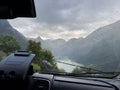 View from inside a motorhome camper on a rainy day in the Geiranger fiord, Norway Royalty Free Stock Photo