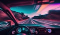 View from inside retro speeding car driving through night cityscape, neon lights, motion blue, generative ai