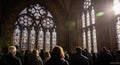 Strasbourg Cathedral stained glass interior view with visitors exploring Royalty Free Stock Photo